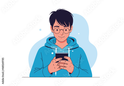 Young person wearing glasses using a smartphone with a relaxed expression and casual clothing illustration