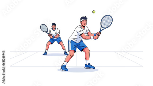 Tennis Players in Action: A dynamic illustration showcases two tennis players mid-game, one poised to strike the ball with precision, the other in anticipation.