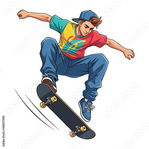 Skateboarder in Action: Dynamic illustration of a skateboarder executing a skillful trick, showcasing urban youth culture and action sports.