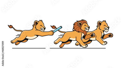 Lion Relay Race: Energetic illustration of a relay race featuring lions, conveying teamwork, agility, and the spirit of friendly competition.