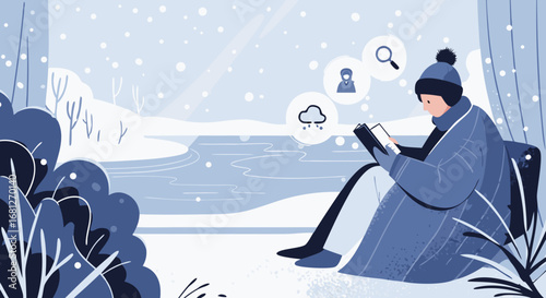 Tranquil Winter Reading Scene by a Snowy Lake in a Blue Vector Illustration, Soothing Outdoor Moment with Book