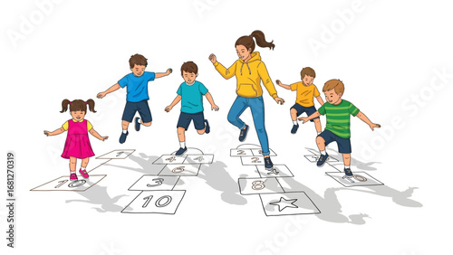 Children's Hopscotch Game: A group of children engaged in a joyful game of hopscotch, experiencing playful activity and friendly competition outdoors.