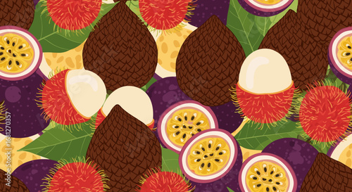Seamless Pattern of Stylized Tropical Fruits in Bright Playful Colors for Fabrics and Wallpaper