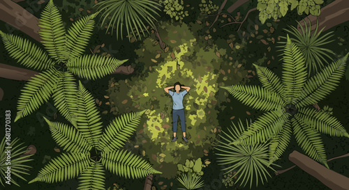 Overhead Vector Scene of a Person Resting in a Lush Jungle Clearing Surrounded by Ferns and Dense Foliage