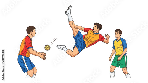 Dynamic Sepak Takraw Action: Capturing the energy and skill of athletes mid-game. Featuring players in mid-air executing acrobatic moves with a ball, the image showcases action, precision.