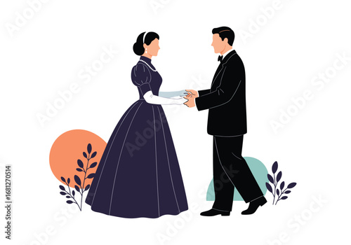 Elegant couple dancing together in formal attire celebrating their special occasion