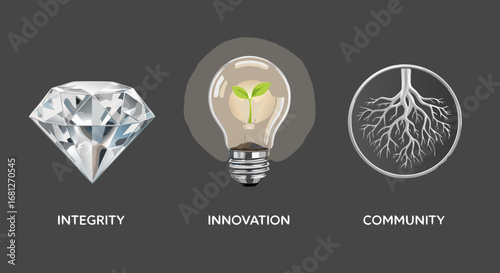 Set of Corporate Values Icons Featuring Diamond for Integrity Lightbulb for Innovation and Root Network for Community