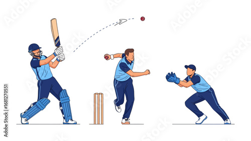 Cricket in Action: A dynamic illustration captures the essence of a cricket match, with a batsman, bowler, and fielder engaged in a fast-paced exchange.