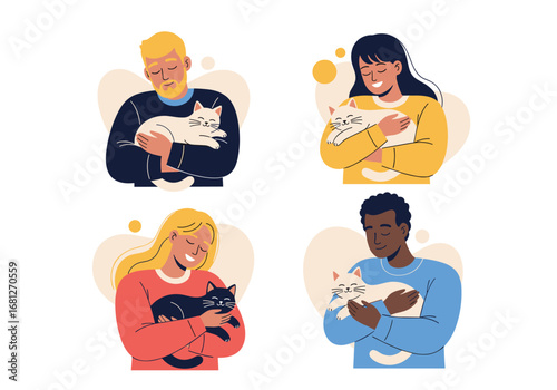 Diverse people cherishing their beloved cats in heartwarming scenes