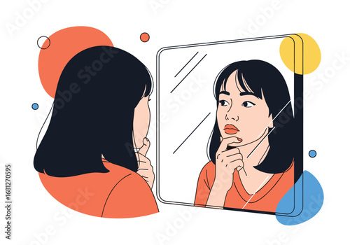 Young woman inspects her reflection carefully wondering about her appearance
