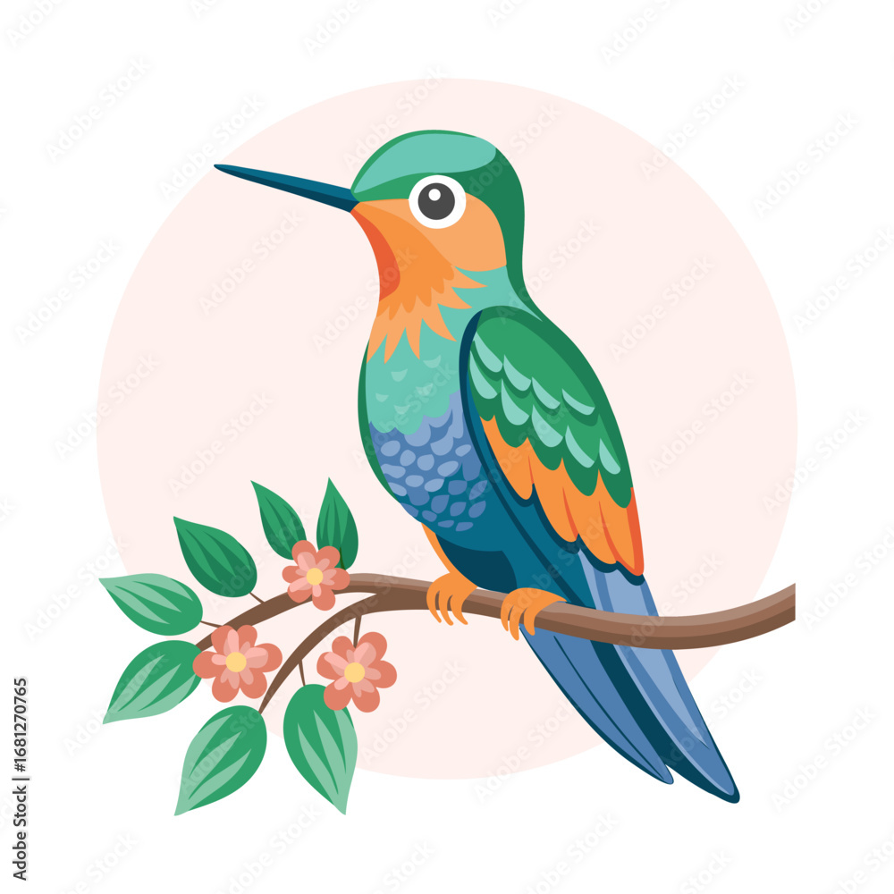 Fototapeta premium Charming hummingbird sitting on a branch with flowers. Illustration.