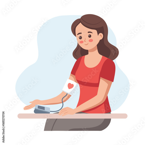 Young woman measures blood pressure. Woman with a tonometer. Illustration.