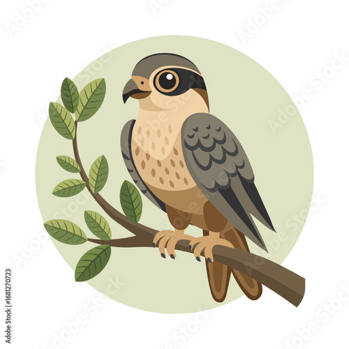Falcon sitting on a branch with leaves. Illustration of a hawk sitting on a branch.