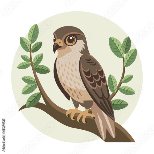 Falcon sitting on a branch with leaves. Illustration of a hawk sitting on a branch.