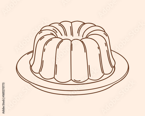 Sweet bundt cake on a plate. Line art illustration.