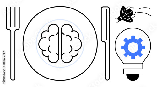 Brain served on plate with fork and knife, flying insect nearby, and light bulb with gear icon. Ideal for food for thought, creativity, innovation, idea generation, problem solving, intellectual