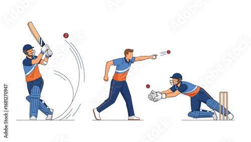 Cricket Action Illustrated: Dynamic illustration capturing key moments in a cricket match: batter, bowler, and wicket-keeper in action. A comprehensive sports guide