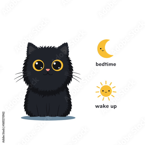  Flat icon of black fluffy cat with two routine cards moon bedtime and sun wake up, isolated
