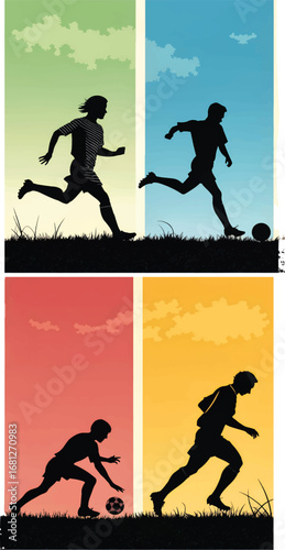 Silhouettes of Soccer Players in Action Poses – Running, Dribbling, and Kicking
