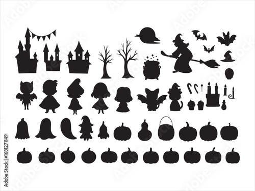 This image showcases a collection of black Halloween-themed silhouettes. It features spooky elements like haunted castles, bare trees, a witch on a broomstick, bats, and spiderwebs. Along with these, 