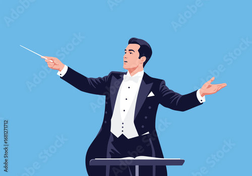 Elegant orchestra conductor leading musicians with passionate gestures in formal attire