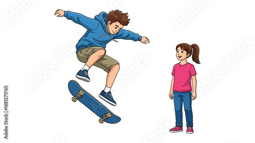 Dynamic Skateboarding: A young skateboarder executes a mid-air trick with style, observed by a supportive friend, symbolizing the thrill of youth and the bond of friendship.