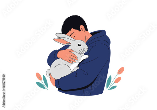 Person lovingly holding a fluffy white rabbit in a warm embrace surrounded by delicate flowers