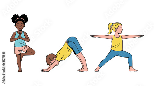 Youthful Yoga Poses: A trio of diverse youngsters, engaging in various yoga asanas, showcasing strength, flexibility, and inner peace in this illustrative composition.