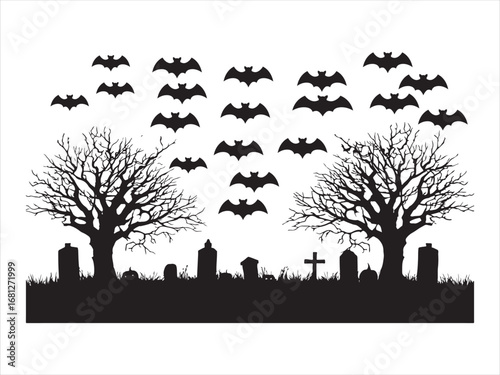 This is a Halloween-themed illustration featuring a spooky graveyard with silhouetted trees, tombstones, and a cross. Above the scene, a large flock of bats is depicted in mid-flight, creating a drama