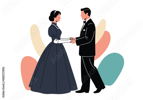 Elegant couple holding hands in formal attire amidst abstract shapes