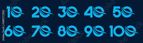 Set of collection numbers 10 to 100 with swoosh element vector illustration. Swoosh element with numbers 10, 20, 30, 40, 50, 60, 70, 80, 90, 100 for greetings, anniversary and more.