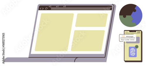 Laptop displaying a webpage, phone showing authentication code and fingerprint, globe icon. Ideal for cybersecurity, privacy, user authentication, data protection, secure access, online security