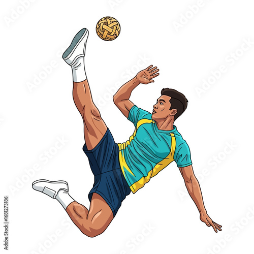 Athlete Sepak Takraw in Action: A dynamic illustration showcases a male athlete skillfully executing a sepak takraw move, with the ball suspended mid-air.