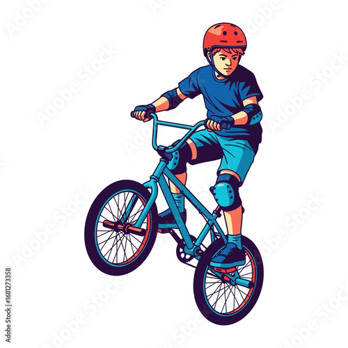 BMX Stunt Rider: A young rider executes a daring stunt on his BMX bike, showcasing skill and agility in this dynamic action illustration.