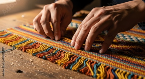 Hands meticulously craft a vibrant rug