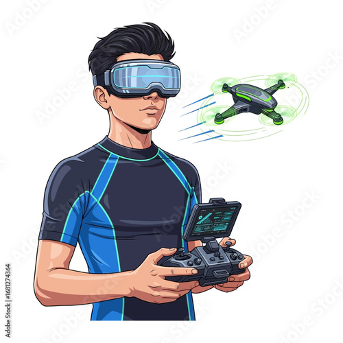 Virtual Flight: An image showcasing a man engrossed in an immersive virtual reality experience, navigating a drone through the digital expanse.