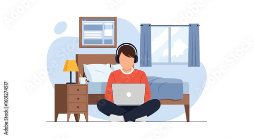 A person works remotely on a laptop with headphones in a cozy bedroom setting. Ideal for themes of remote work, online learning, or home office productivity.