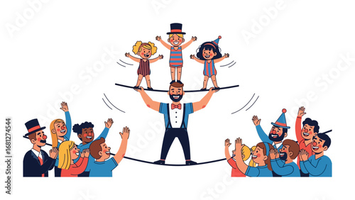 Circus Performer's Aerial Act: In a whimsical illustration, a circus performer balances on a tightrope, supporting children in a daring aerial act before an applauding crowd.