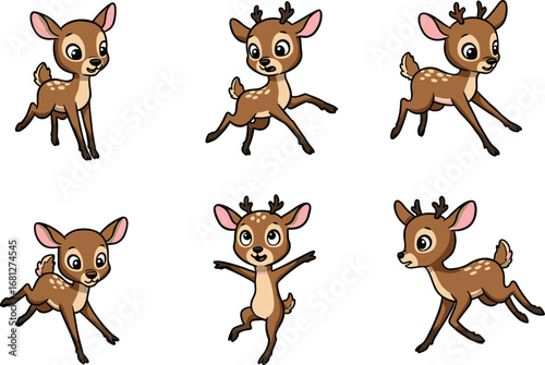 Cartoon fawn in dynamic poses, playful young deer character sequence, running, jumping, dancing actions, stock illustration, white background