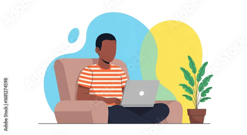 Relaxed person working or studying on a laptop from home, embodying remote work flexibility and a modern lifestyle. Ideal for technology, education, or business themes.