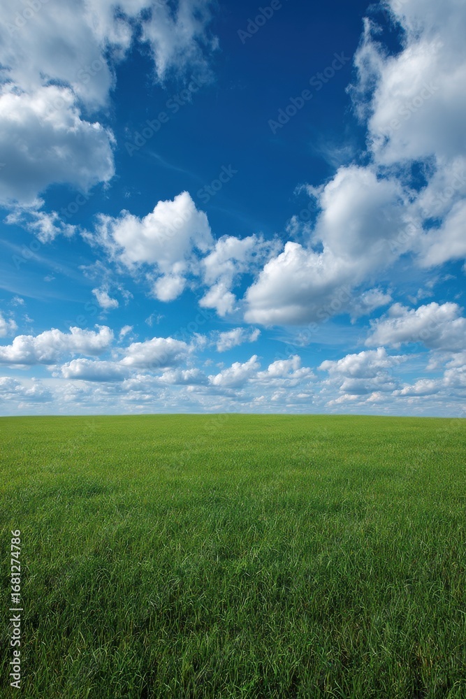 Obraz premium Serene Green Meadow Under a Vast Blue Sky with Fluffy White Clouds Wide Angle Landscape View