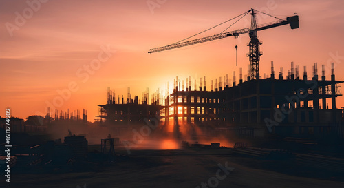 matahari terbenam yang dramatis di lokasi konstruksi dengan tower crane dan kerangka bangunan