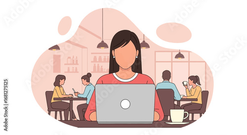Woman working remotely on a laptop in a bustling modern cafe, symbolizing flexible work, digital connectivity, and contemporary lifestyle.