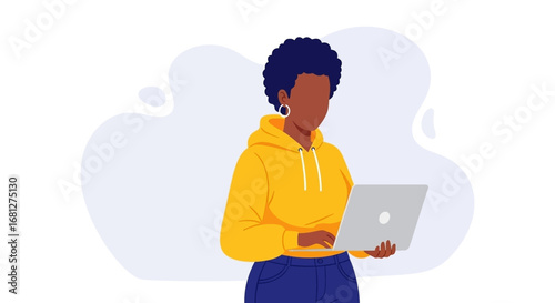 An African American woman in a yellow hoodie uses a laptop, representing remote work, online learning, or digital communication. Ideal for technology, business, or lifestyle content.