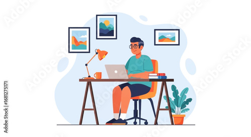 Happy man in casual attire working on a laptop at his home office desk, representing remote work, freelancing, and modern productivity.