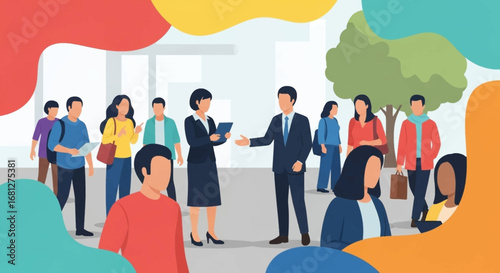 Diverse crowd of people in an urban setting. Business professionals interact, symbolizing communication, teamwork, and networking in a modern environment.