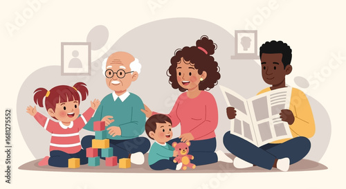 Happy multi-generational family spending quality time together at home, featuring children playing and adults relaxing. Ideal for themes of family bonding, support, and a harmonious lifestyle.