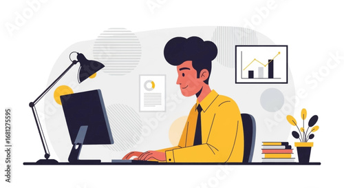 A focused professional works at his desk on a computer, surrounded by business documents and a growth chart, symbolizing productivity and success in a modern workspace.