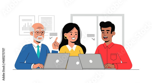 Diverse business team collaborating on laptops in a modern office, discussing strategy, mentorship, and project development.