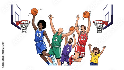 Basketball Game Moment: An illustration captures the heart-pounding excitement of a basketball game, featuring dynamic player action and a sense of friendly competition.